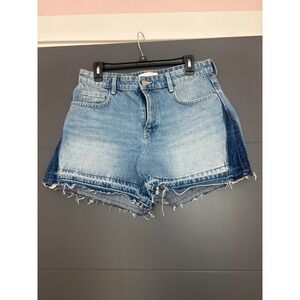Zara Two Tone Denim Shorts High Waisted Raw Hem Blue Womens Size 8 EUR 40